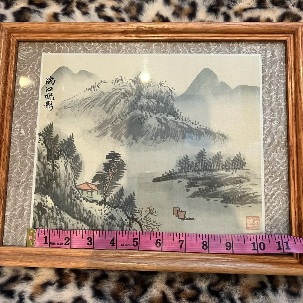 Japanese chinese Prints on Silk Signed Framed wooden Black & White Nature Art🖼️